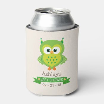 Cute Green Owl Baby Shower Can Cooler by Favors_and_Decor at Zazzle
