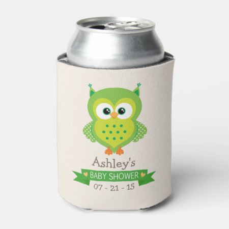 Cute Green Owl Baby Shower Can Cooler