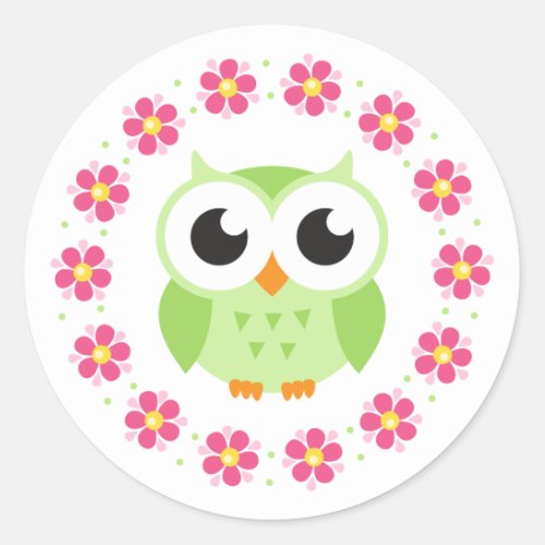 Cute green owl inside pink flower border classic round sticker