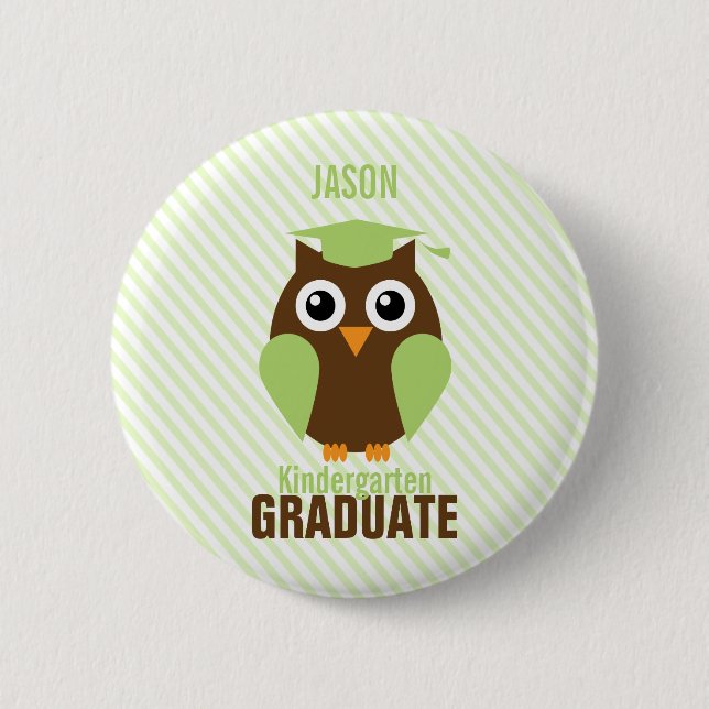 Cute Green Owl Kindergarten Graduate Pinback Button (Front)