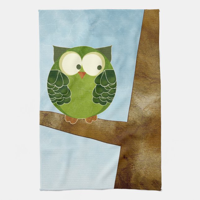 Cute Green Owl Kitchen Towel (Vertical)