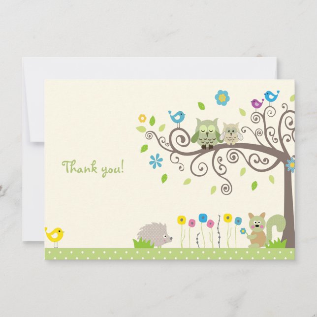 Cute Green Owl Neutral Baby Shower Thank You Cards (Front)