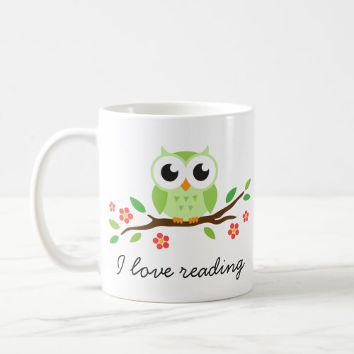 Cute green owl on floral branch I love reading Coffee Mug