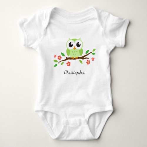 Cute green owl on floral branch personalized name baby bodysuit