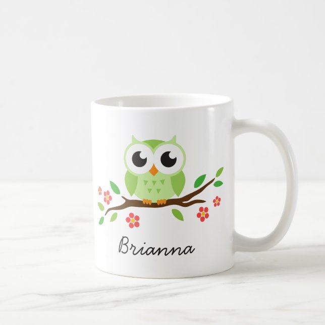Cute green owl on floral branch personalized name coffee mug (Right)