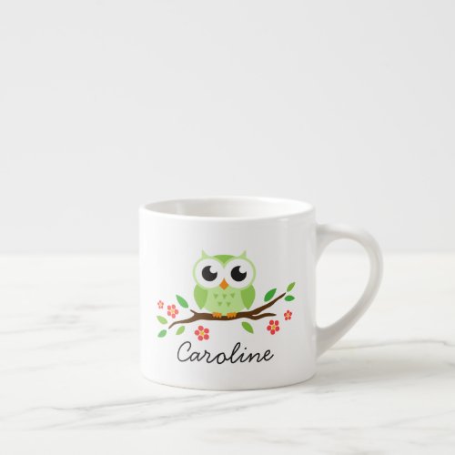 Cute green owl on floral branch personalized name espresso cup