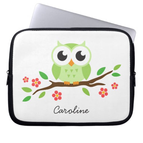 Cute green owl on floral branch personalized name laptop sleeve