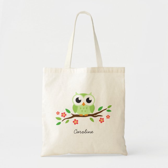 Cute green owl on floral branch personalized name tote bag (Front)