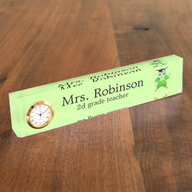 Cute Green Owl Teacher customizable Name Plate (Side)