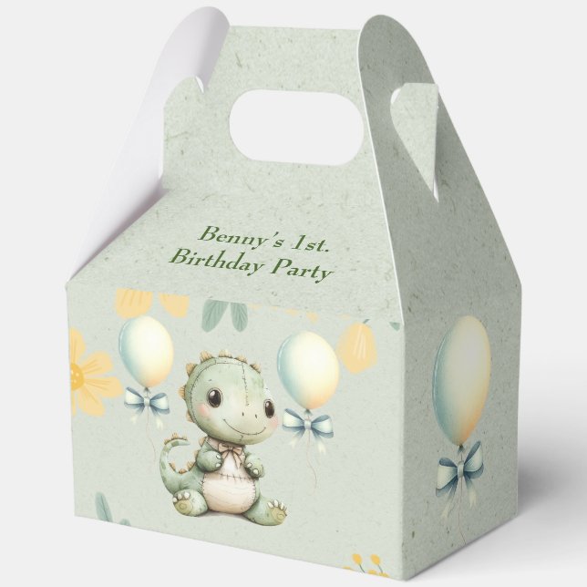 Cute Green Painted Dinosaur 1st Birthday Party Favor Boxes (Back)