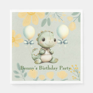 Cute Green Painted Dinosaur 1st Birthday Party Napkins