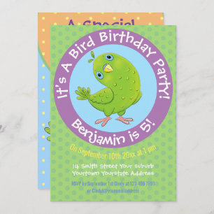 Cute green parakeet cartoon illustration 5 years i invitation