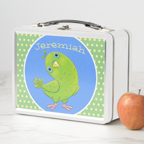Cute green parakeet cartoon illustration metal lunch box