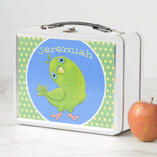 Cute green parakeet cartoon illustration metal lunch box (In Situ)
