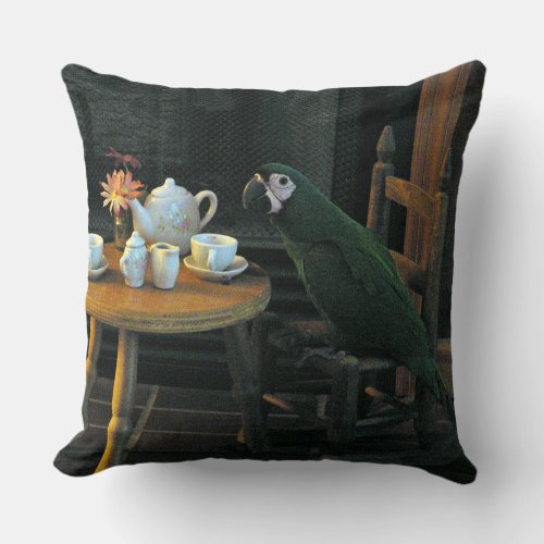 Cute Green Parrot Furniture Tea Set Throw Pillow
