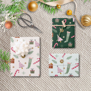 Cute Green Pastel Watercolor Christmas Pattern Wrapping Paper Sheets