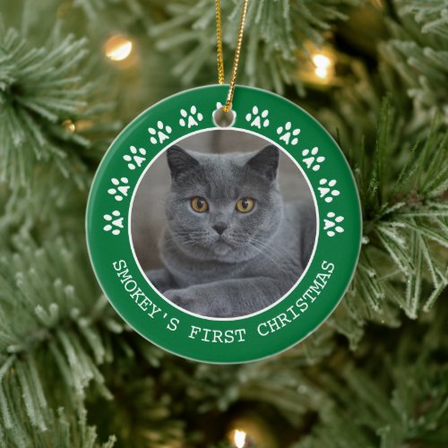 Cute Green Paw Prints Photo Frame Christmas Ceramic Ornament