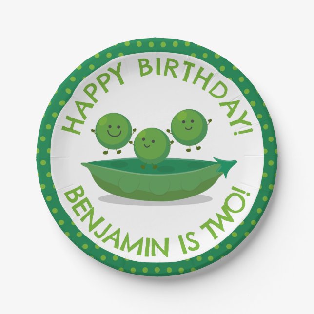 Cute green peas in pod personalised birthday paper plates (Front)