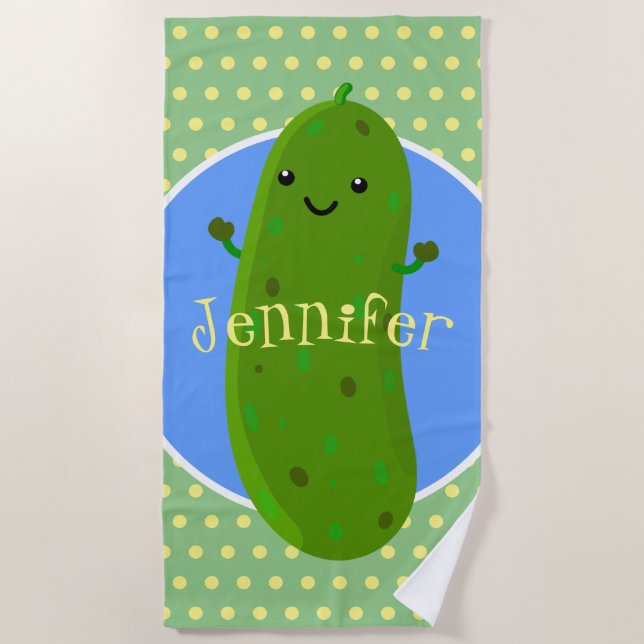 Cute green pickle cucumber cartoon illustration beach towel (Front)