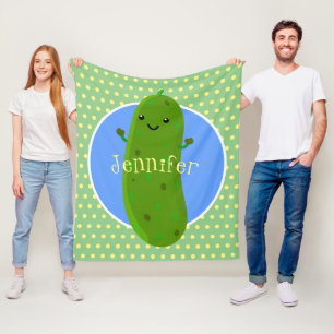 Cute green pickle cucumber cartoon illustration fleece blanket