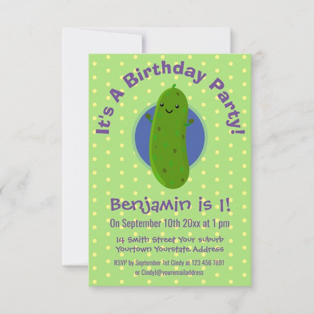 Cute green pickle cucumber cartoon illustration invitation (Front)