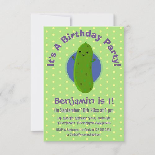 Cute green pickle cucumber cartoon illustration invitation