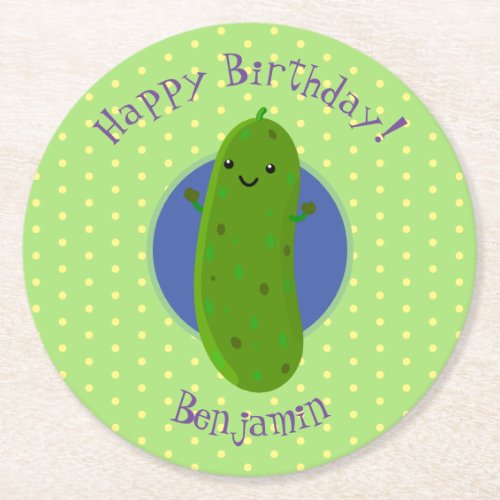 Cute green pickle cucumber cartoon illustration round paper coaster