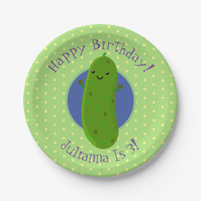 Cute green pickle cucumber personalised birthday paper plates (Front)