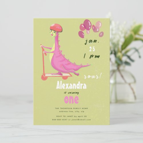 Cute Green Pink Dinosaur Scooter Girl Birthday  Invitation