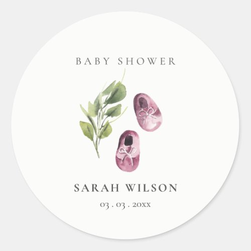 Cute Green Pink Girl Shoes Foliage Baby Shower Classic Round Sticker