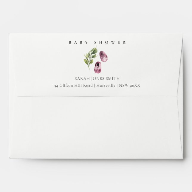 Cute Green Pink Girl Shoes Foliage Baby Shower Envelope (Back (Top Flap))