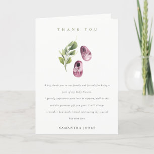 Cute Green Pink Girl Shoes Foliage Baby Shower Thank You Card