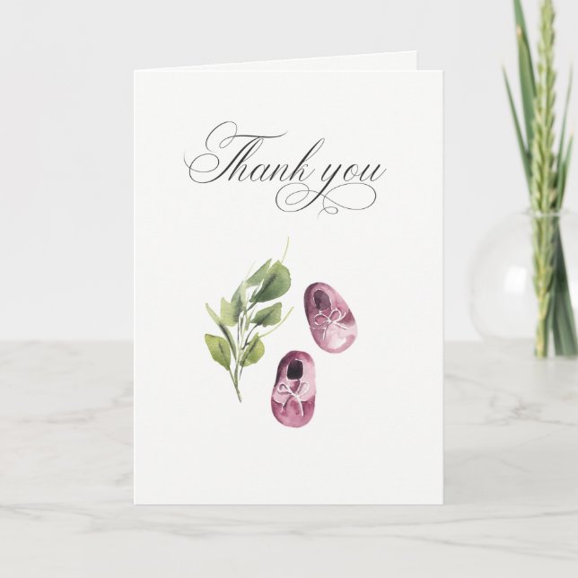 Cute Green Pink Girl Shoes Foliage Baby Shower Thank You Card (Front)