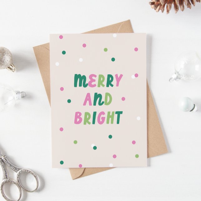 Cute Green Pink Merry & Bright Confetti Christmas Holiday Card (cute, modern, Merry and Bright Christmas card in pink and green)