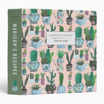 Cute Green & Pink Plant Lover Cactus Sacculent 3 Ring Binder by CartitaDesign at Zazzle