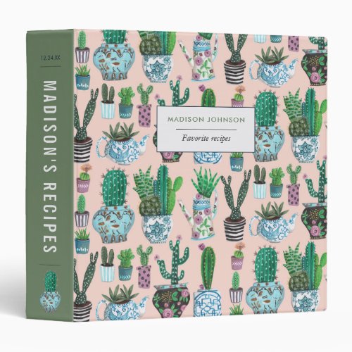 Cute green  pink plant lover cactus sacculent 3 ring binder