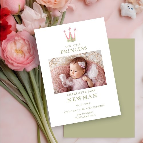 Cute Green Pink Princess Crown Photo Baby Newborn Announcement