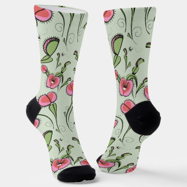 Cute Green Pink Venus Flytrap Stuck on Your Love Socks (Angled)