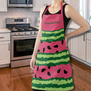 Cute Green & Pink Watermelon Design Custom Name Apron