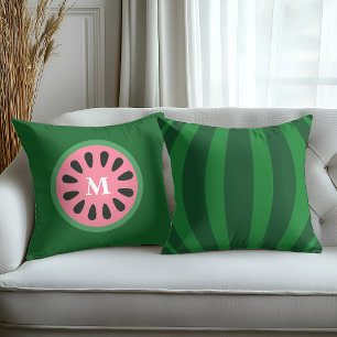 Cute Green Pink Watermelon Fruit Monogram Throw Pillow