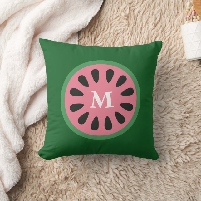 Cute Green Pink Watermelon Fruit Monogram Throw Pillow (Blanket)
