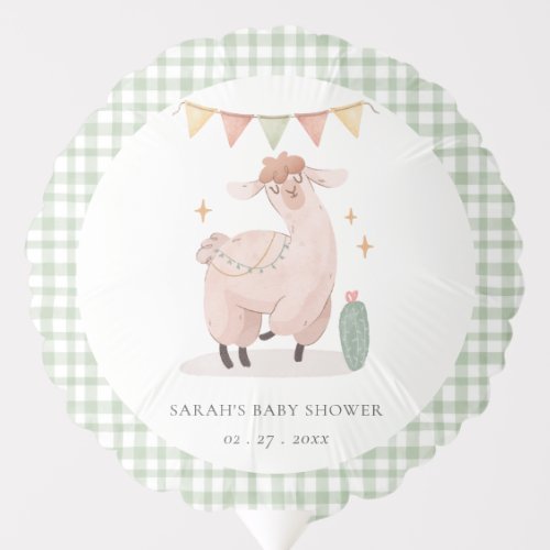 Cute Green Plaid Cactus Boho Llama Baby Shower Balloon