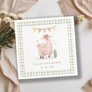 Cute Green Plaid Cactus Boho Llama Baby Shower Napkins