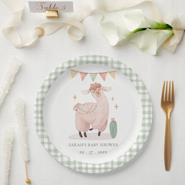 Cute Green Plaid Cactus Boho Llama Baby Shower Paper Plates (Wedding)