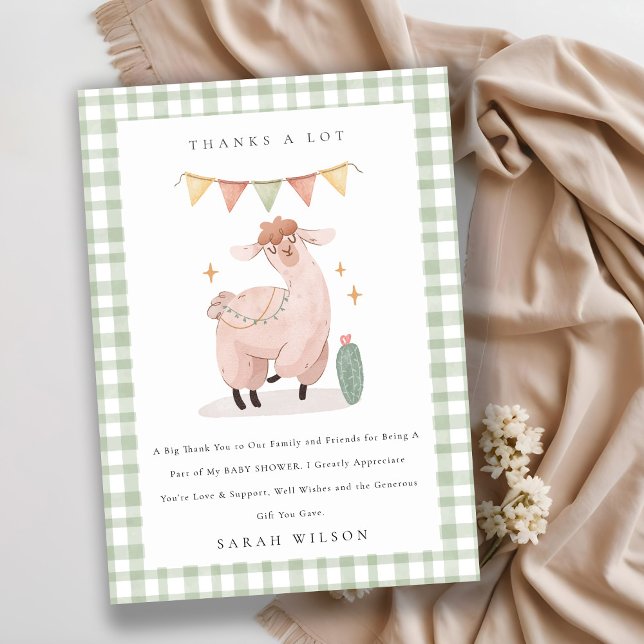 Cute Green Plaid Cactus Boho Llama Baby Shower Thank You Card (Creator Uploaded)