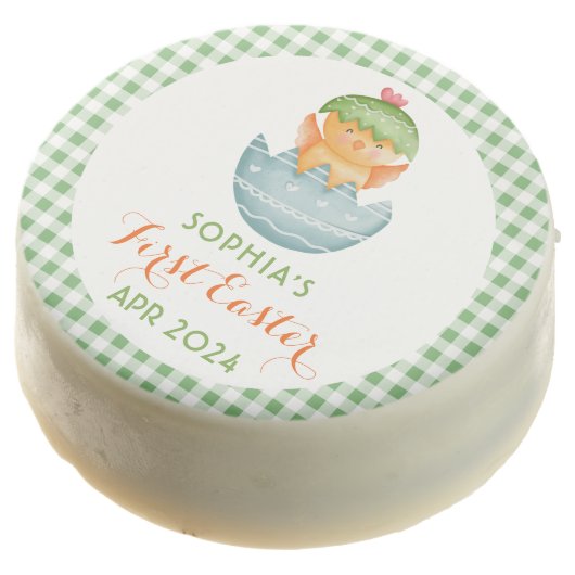 Cute Green Plaid Chick & Egg My First Easter Chocolate Covered Oreo (Angled)