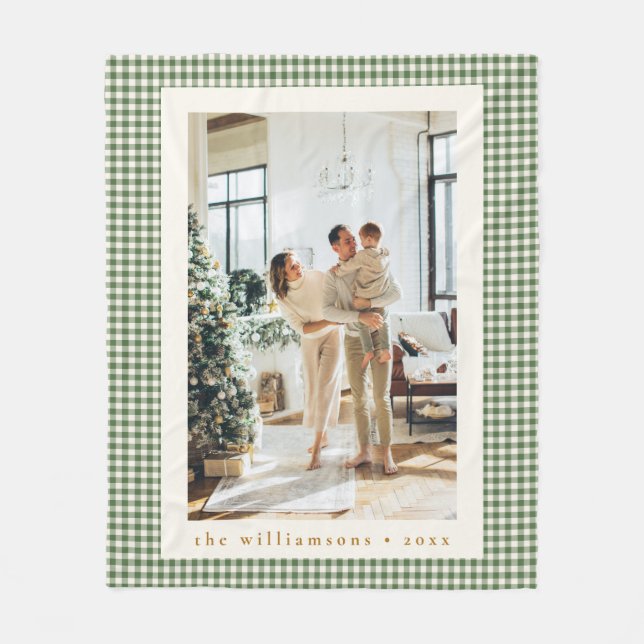 Cute Green Plaid Custom Family Photo Christmas Fleece Blanket (Front)