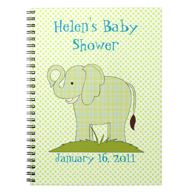 Cute Green Plaid Elephant Baby Shower Notebook (Front)