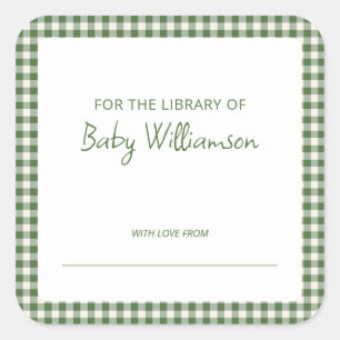 Cute Green Plaid Gingham Baby Shower Bookplate