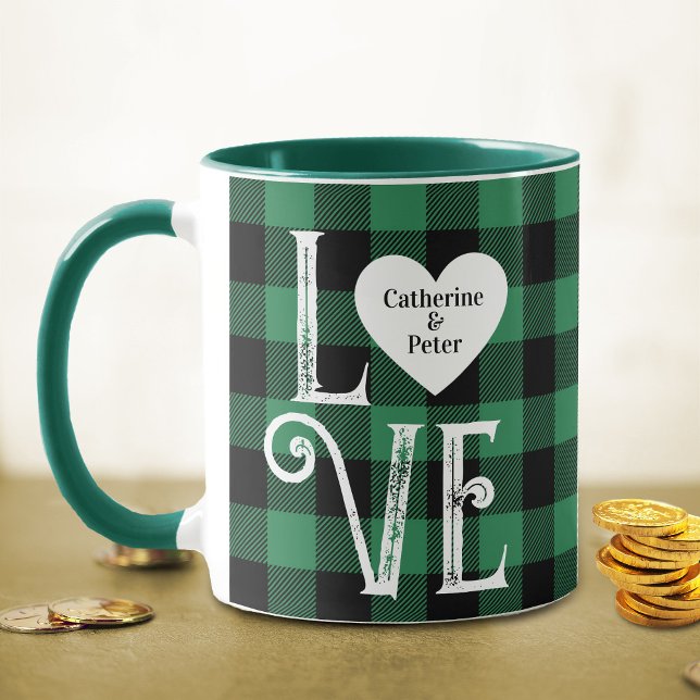 Cute Green Plaid Love Luck Heart Clover Couple Mug (Creator Uploaded)